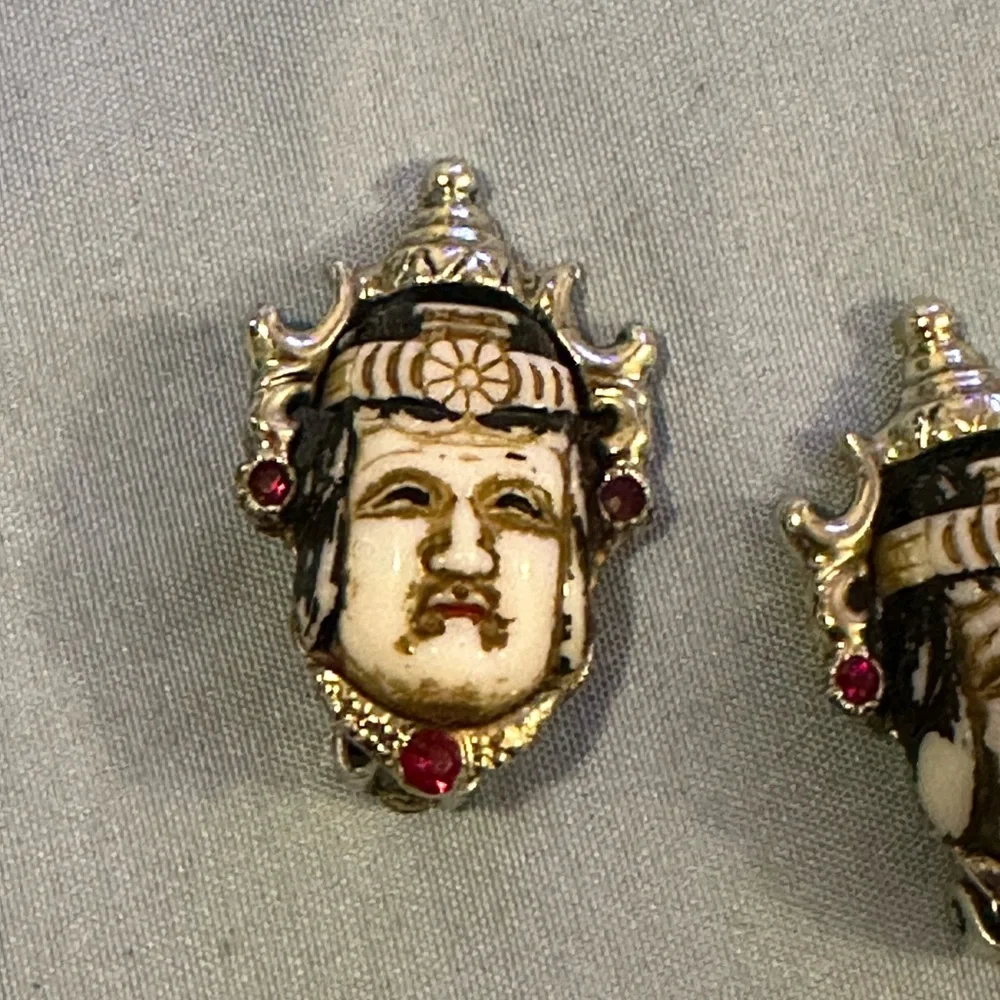 Vintage‎ Japanese Toshikane Mask Porcelain Earrings Clip Backs